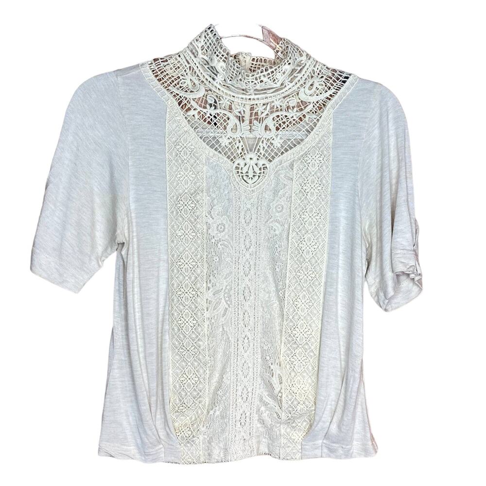 Anthropologie Tiny XS‎ Celine Lace Top Blouse Cream Crochet Neckline Romancecore
